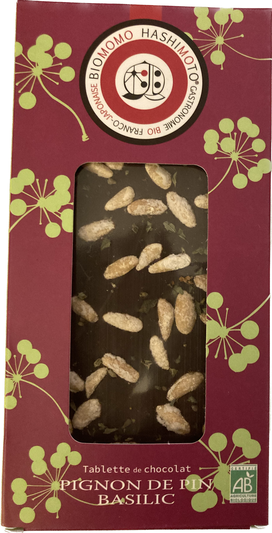 Tablette chocolat biologique Pignon de pin Basilic